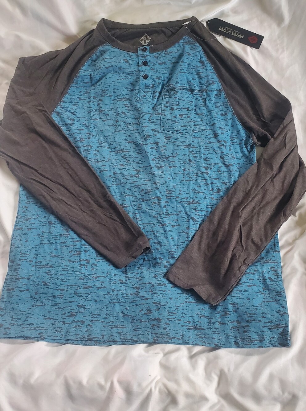 Swiss Cross Mens Blue Heather Raglan Henley Long Sleeve Shirt Chest Pocket Sz XL